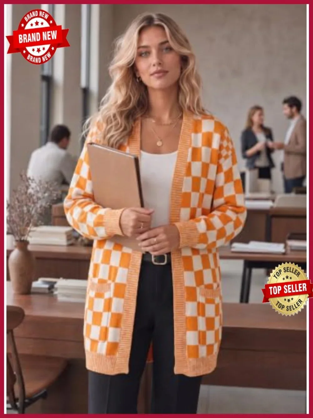 Chunky Knit Checkered Cardigan Sweater - Open Front with Pockets